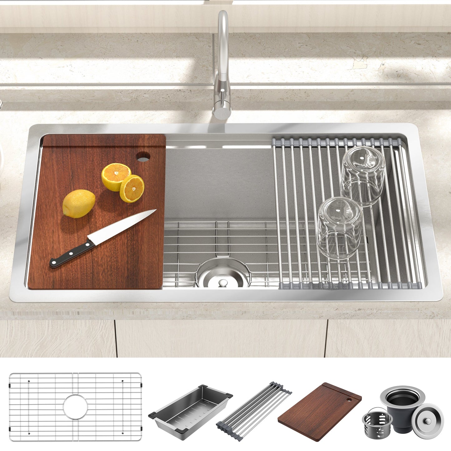 30-Inch Undermount Kitchen Sink - 304 SUS Stainless Steel - 16-Gauge - Farmhouse Sink with Accessories