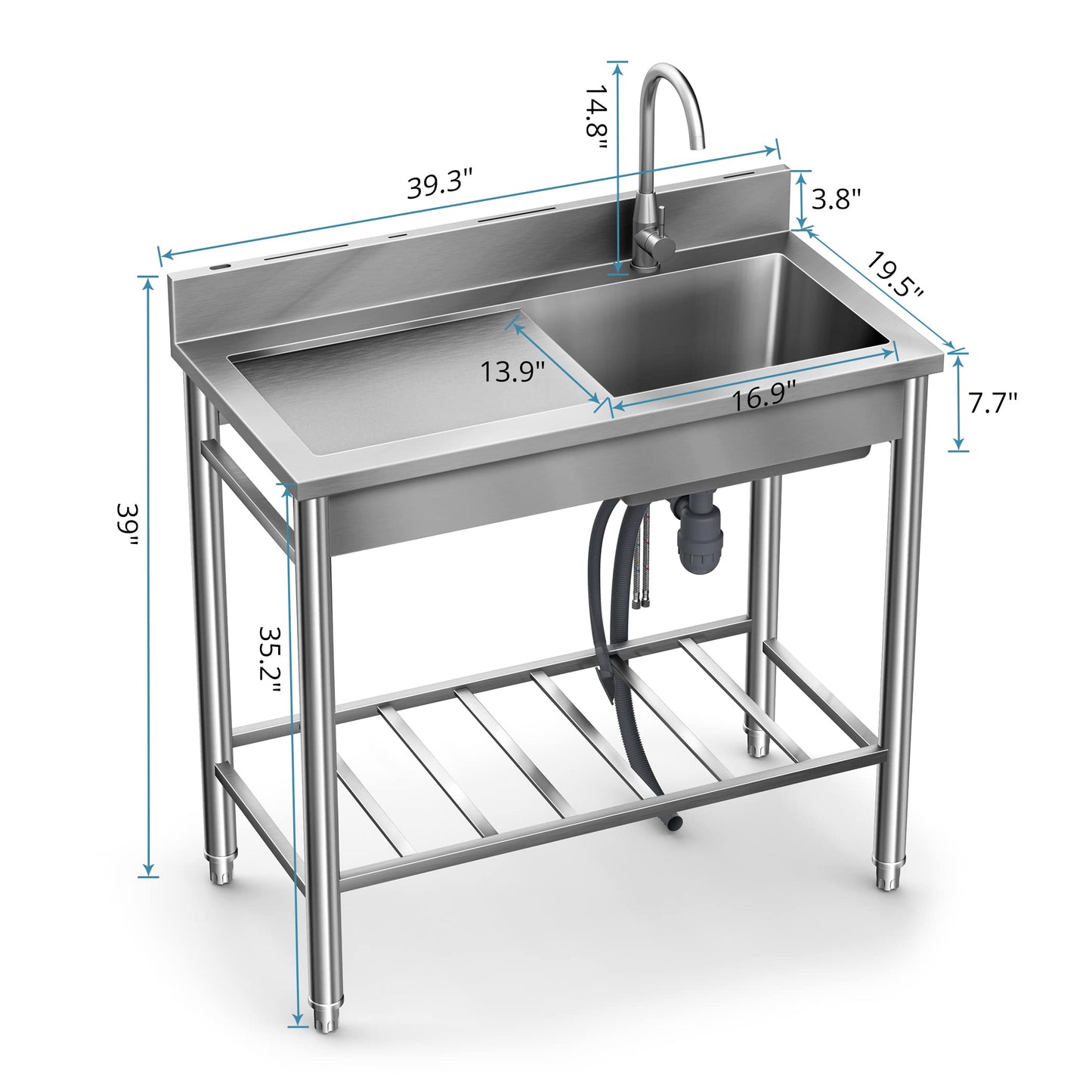 Stainless Steel Utility Sink - 304 SUS, Free Standing Single Bowl with Large Work Station, Faucet, and Drainboard (39 Inch)