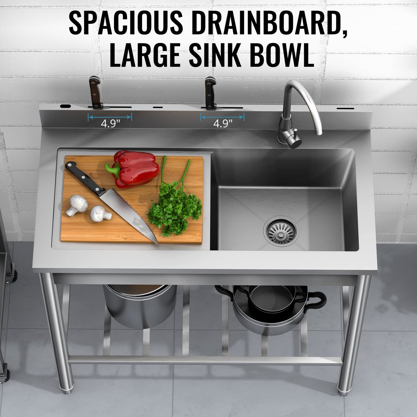 Stainless Steel Utility Sink - 304 SUS, Free Standing Single Bowl with Large Work Station, Faucet, and Drainboard (39 Inch)