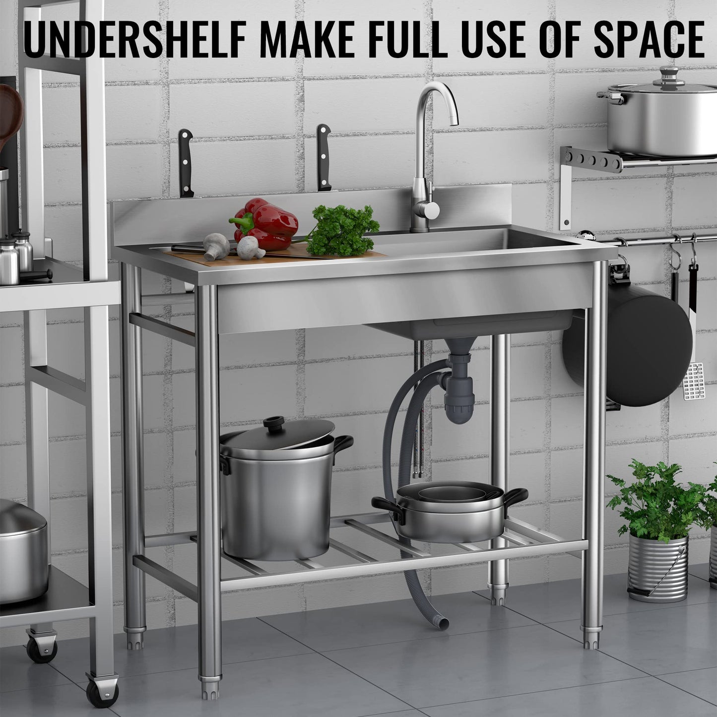 Stainless Steel Utility Sink - 304 SUS, Free Standing Single Bowl with Large Work Station, Faucet, and Drainboard (39 Inch)