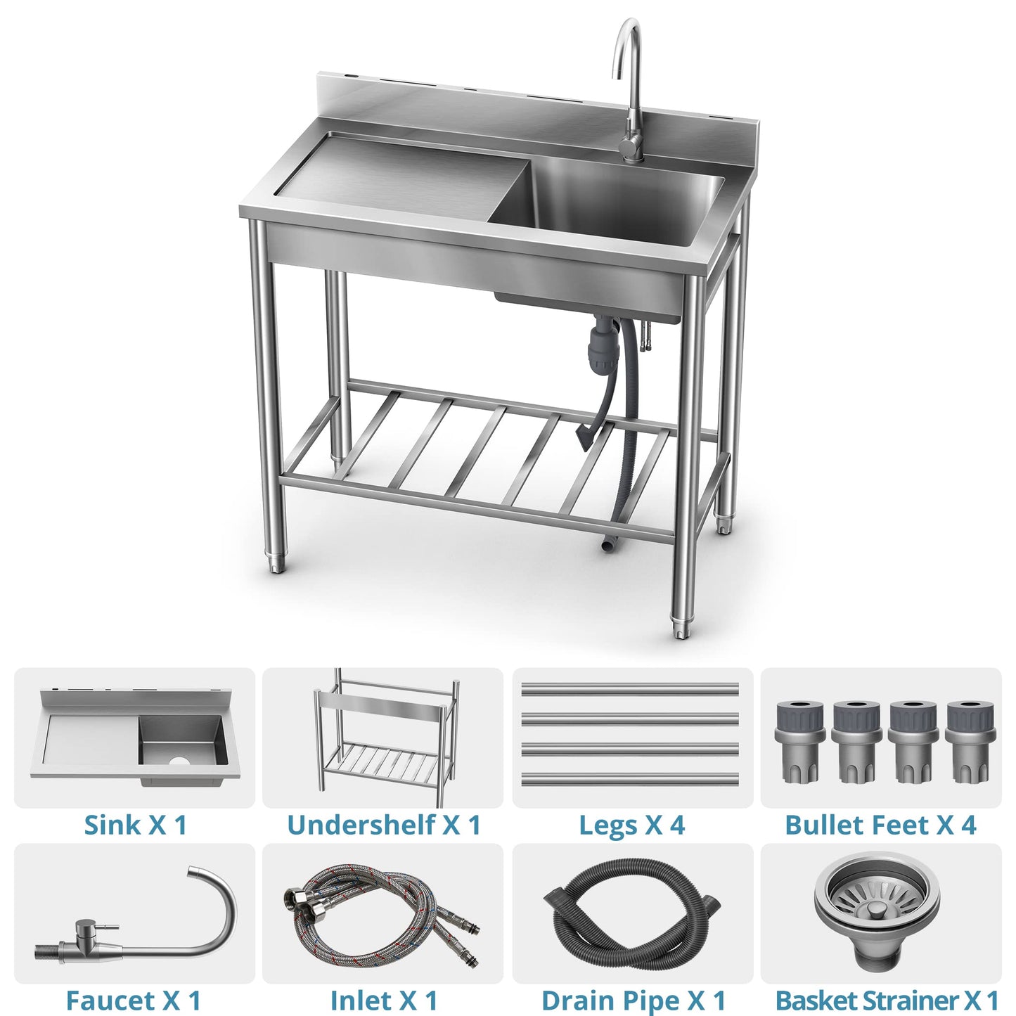 Stainless Steel Utility Sink - 304 SUS, Free Standing Single Bowl with Large Work Station, Faucet, and Drainboard (39 Inch)
