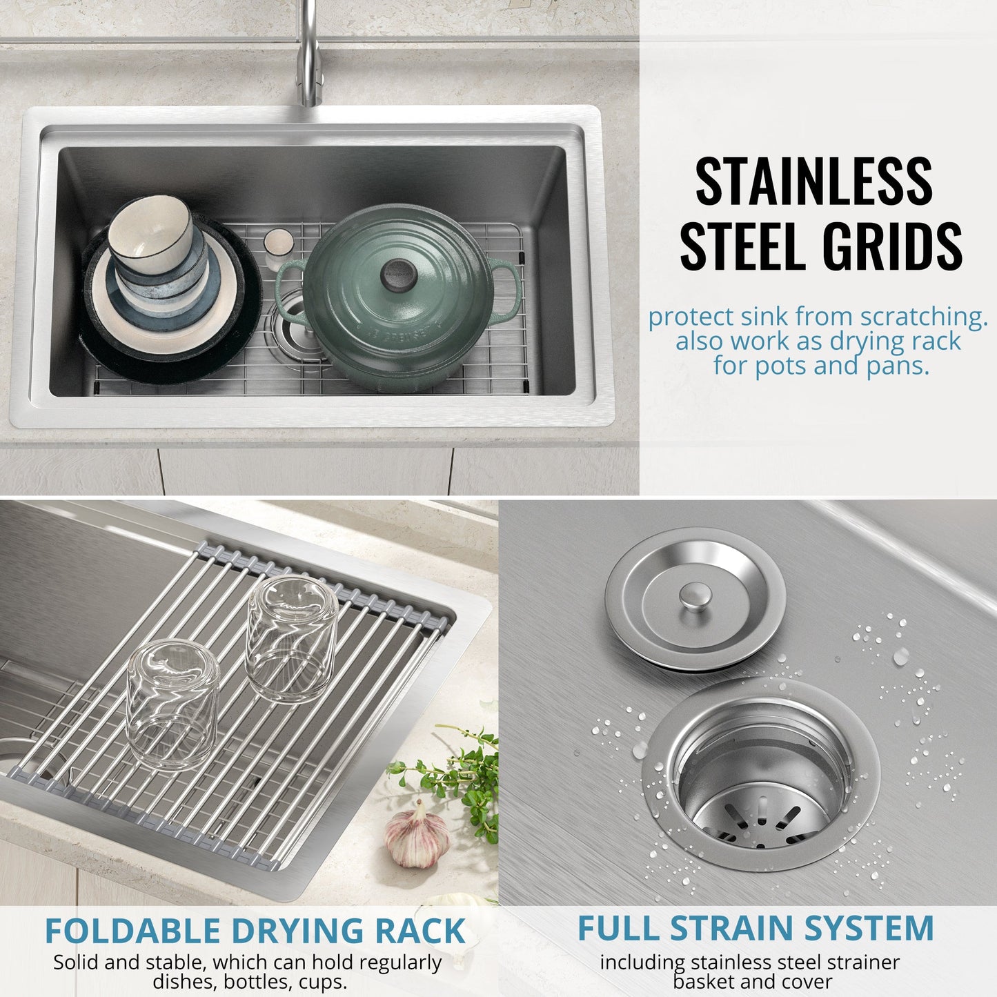 30-Inch Undermount Kitchen Sink - 304 SUS Stainless Steel - 16-Gauge - Farmhouse Sink with Accessories