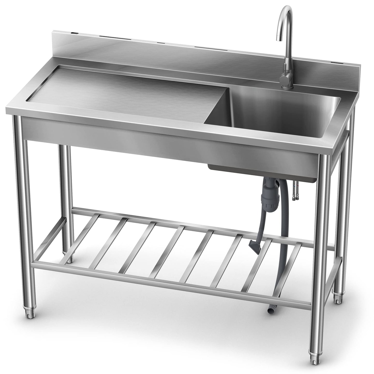 304 SUS Stainless Steel Utility Sink - 47-Inch Free Standing Single Bowl Sink with Cold & Hot Water Faucet and Undershelf