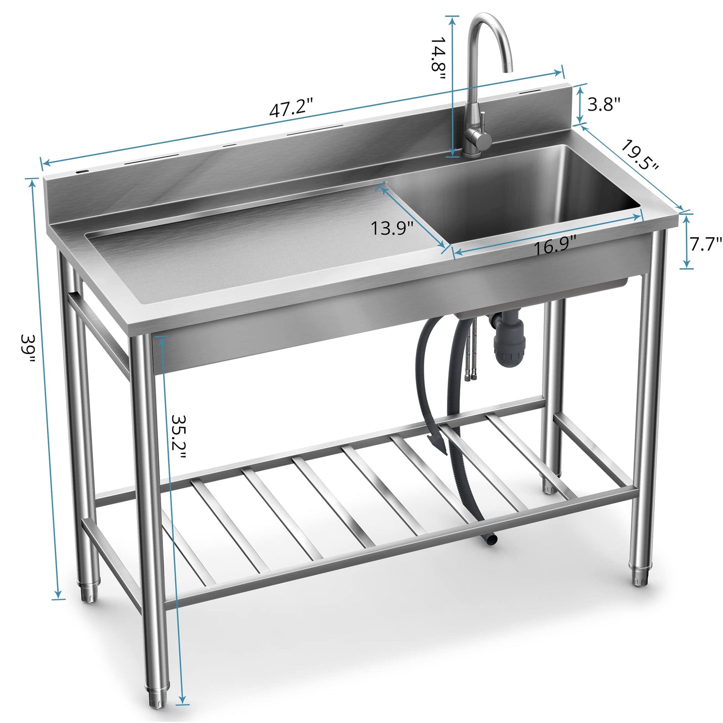 304 SUS Stainless Steel Utility Sink - 47-Inch Free Standing Single Bowl Sink with Cold & Hot Water Faucet and Undershelf