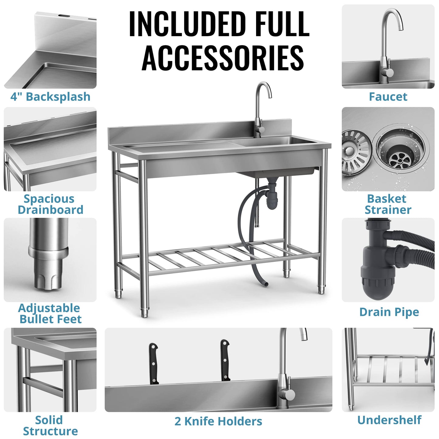 304 SUS Stainless Steel Utility Sink - 47-Inch Free Standing Single Bowl Sink with Cold & Hot Water Faucet and Undershelf