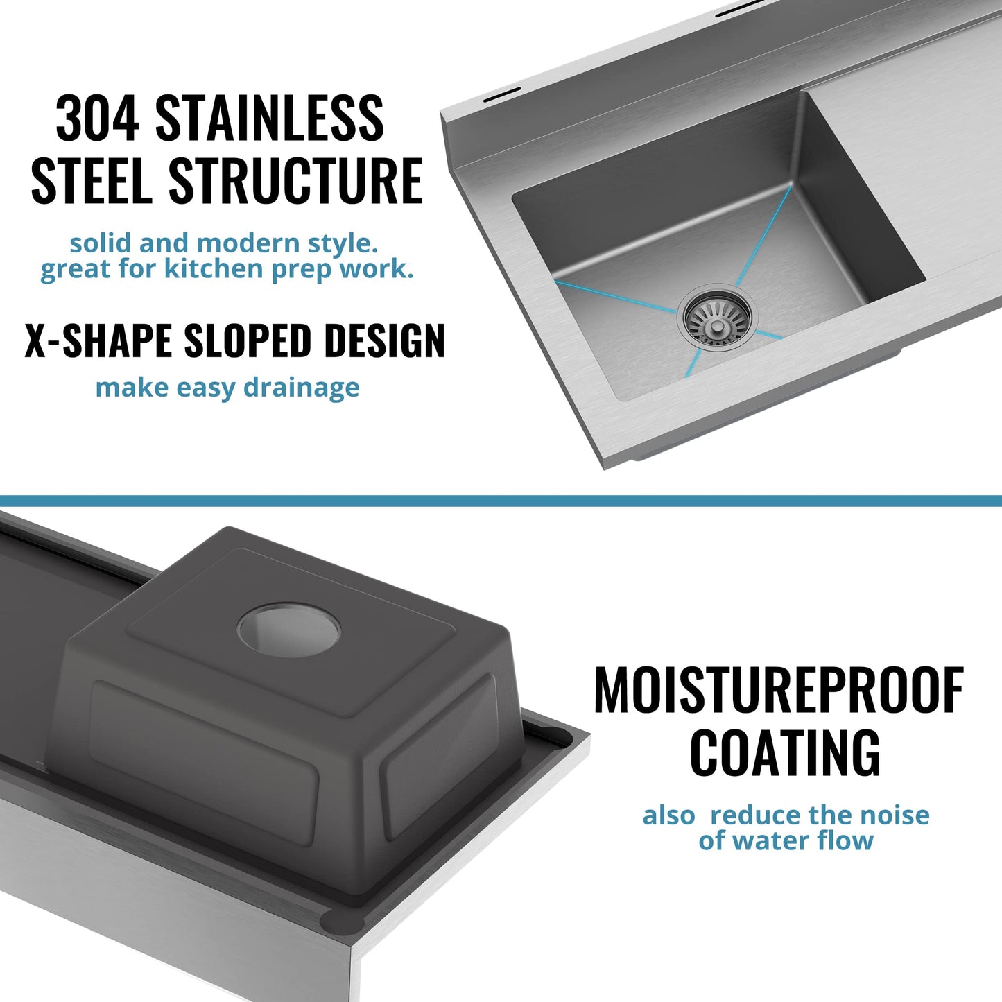 304 SUS Stainless Steel Utility Sink - 47-Inch Free Standing Single Bowl Sink with Cold & Hot Water Faucet and Undershelf