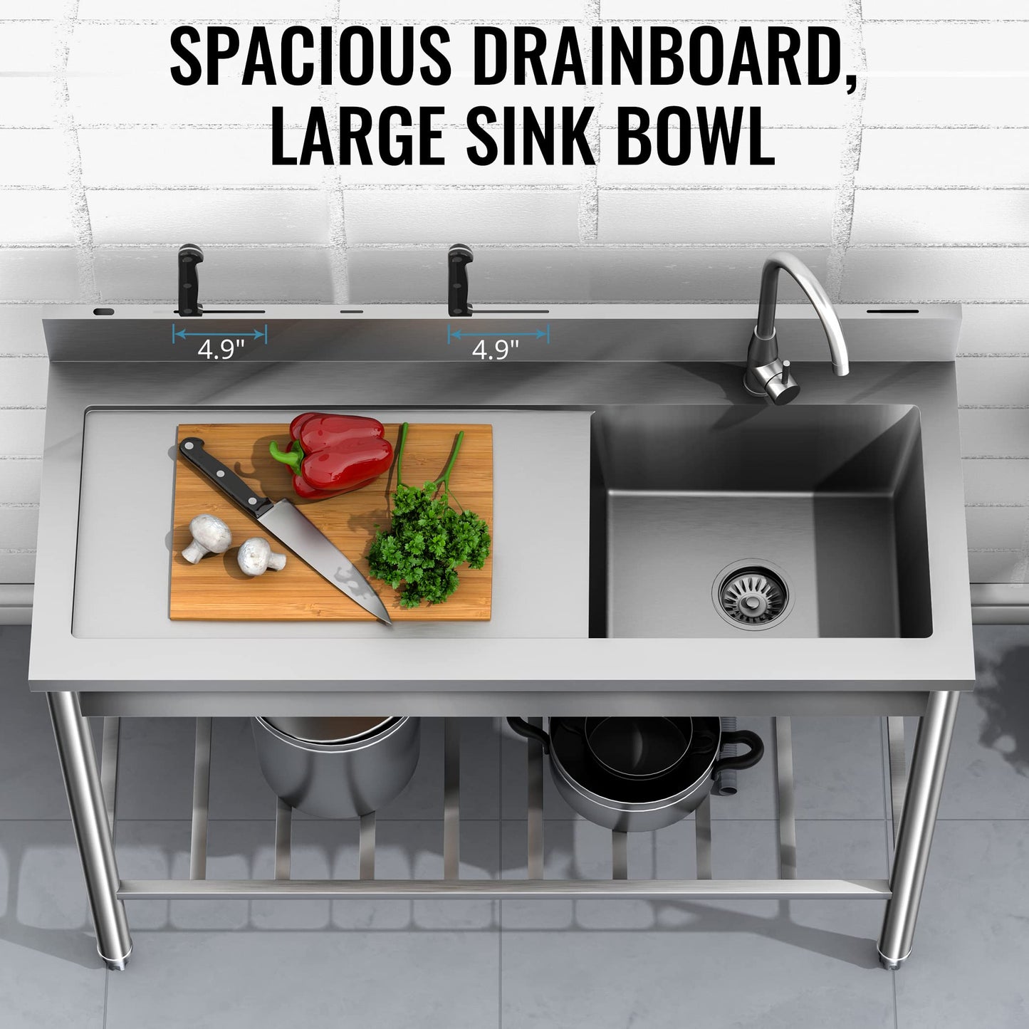 304 SUS Stainless Steel Utility Sink - 47-Inch Free Standing Single Bowl Sink with Cold & Hot Water Faucet and Undershelf