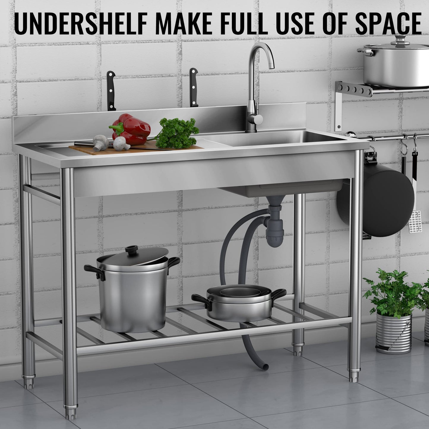 304 SUS Stainless Steel Utility Sink - 47-Inch Free Standing Single Bowl Sink with Cold & Hot Water Faucet and Undershelf