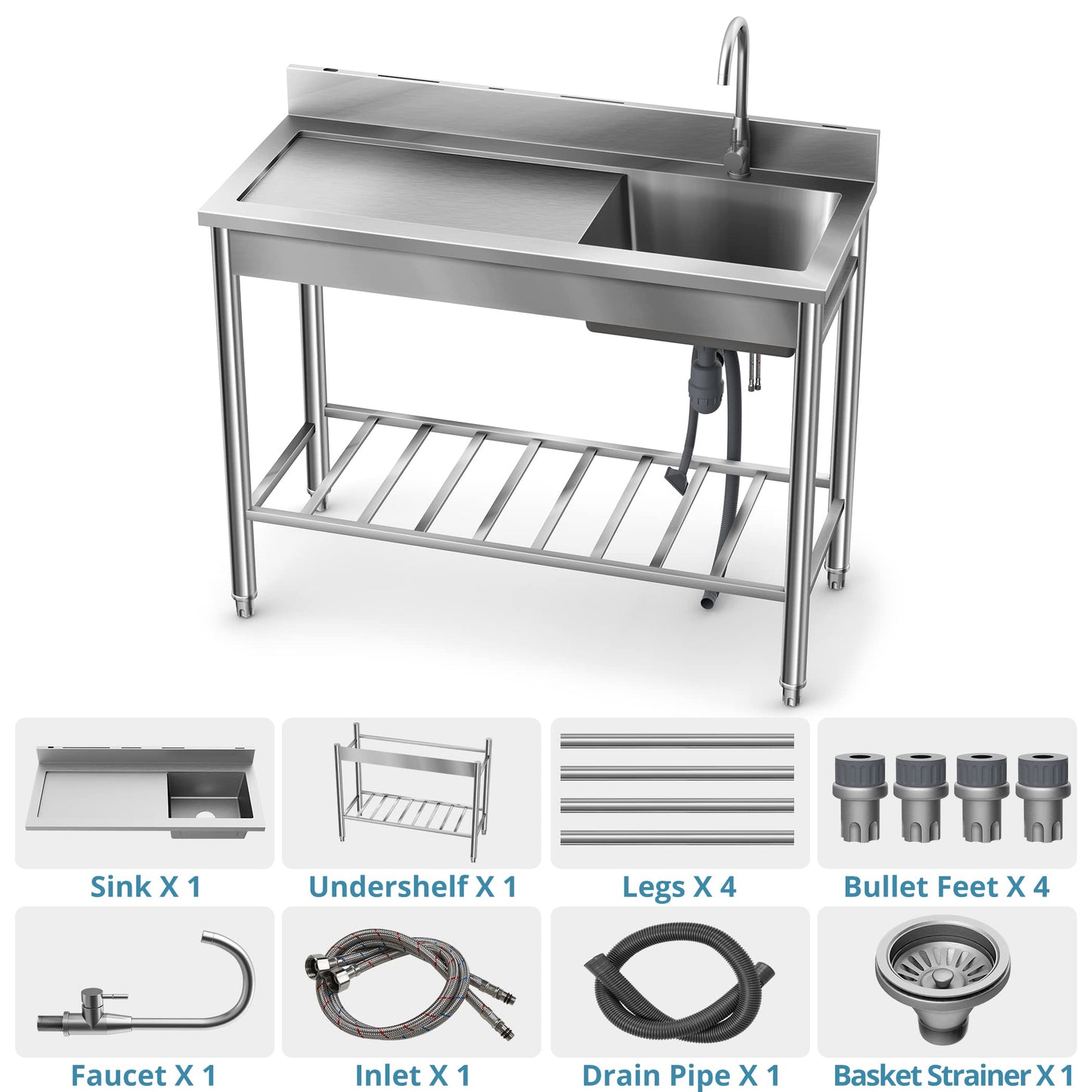 304 SUS Stainless Steel Utility Sink - 47-Inch Free Standing Single Bowl Sink with Cold & Hot Water Faucet and Undershelf