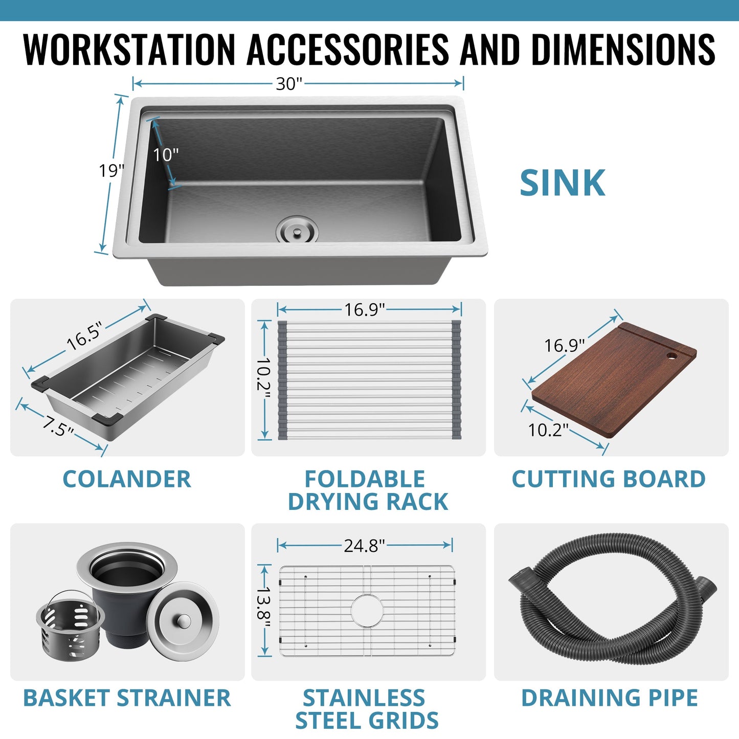 30-Inch Undermount Kitchen Sink - 304 SUS Stainless Steel - 16-Gauge - Farmhouse Sink with Accessories