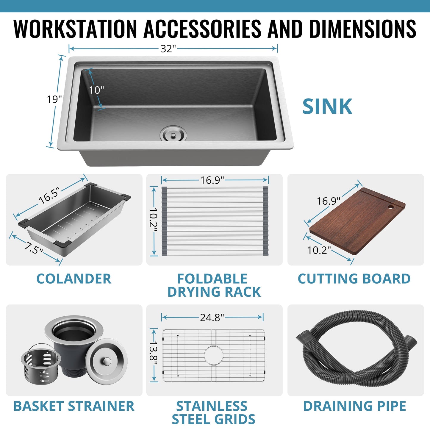 32-Inch Undermount Single Bowl Kitchen Sink - 304 SUS Stainless Steel - 16-Gauge - Farmhouse Sink with Accessories