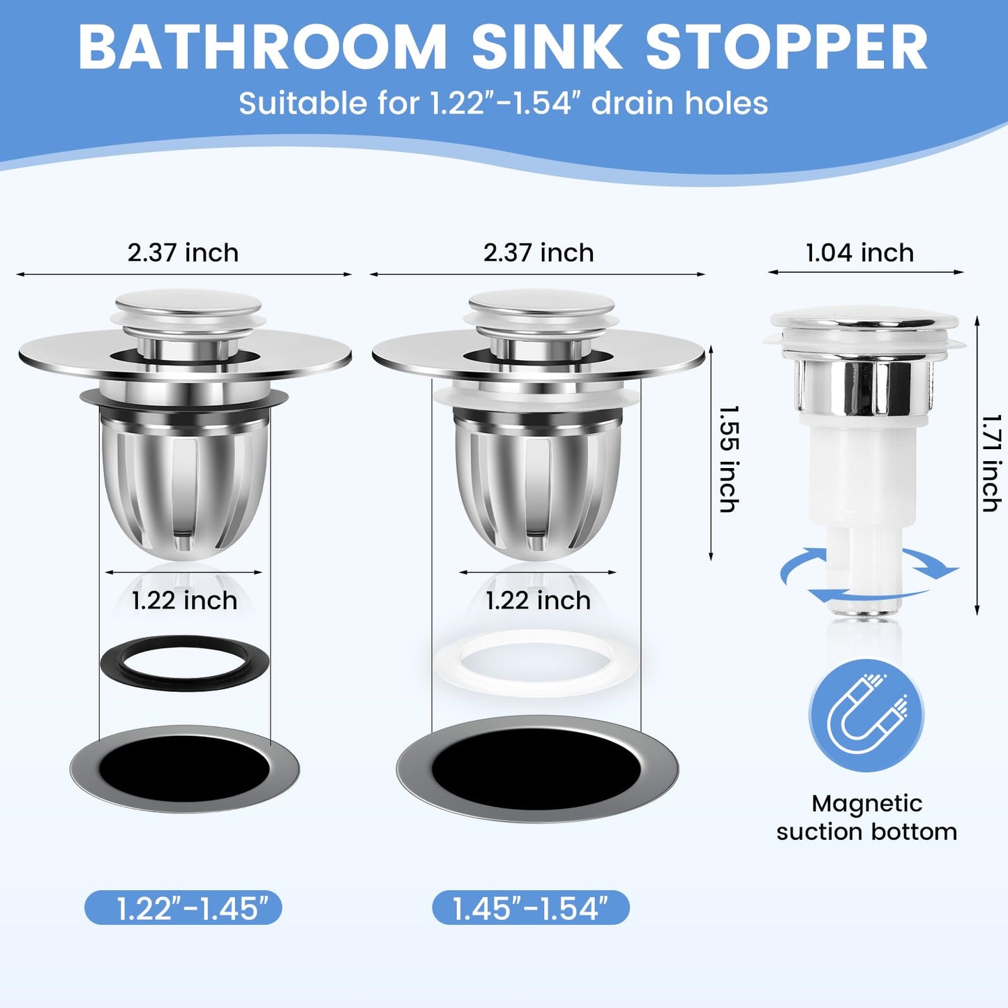Universal 2-in-1 Magnetic Bathroom Sink Stopper and Drain Hair Catcher - Easy Install, Fits 1.22"-1.54" Drains, 2 Pcs Set