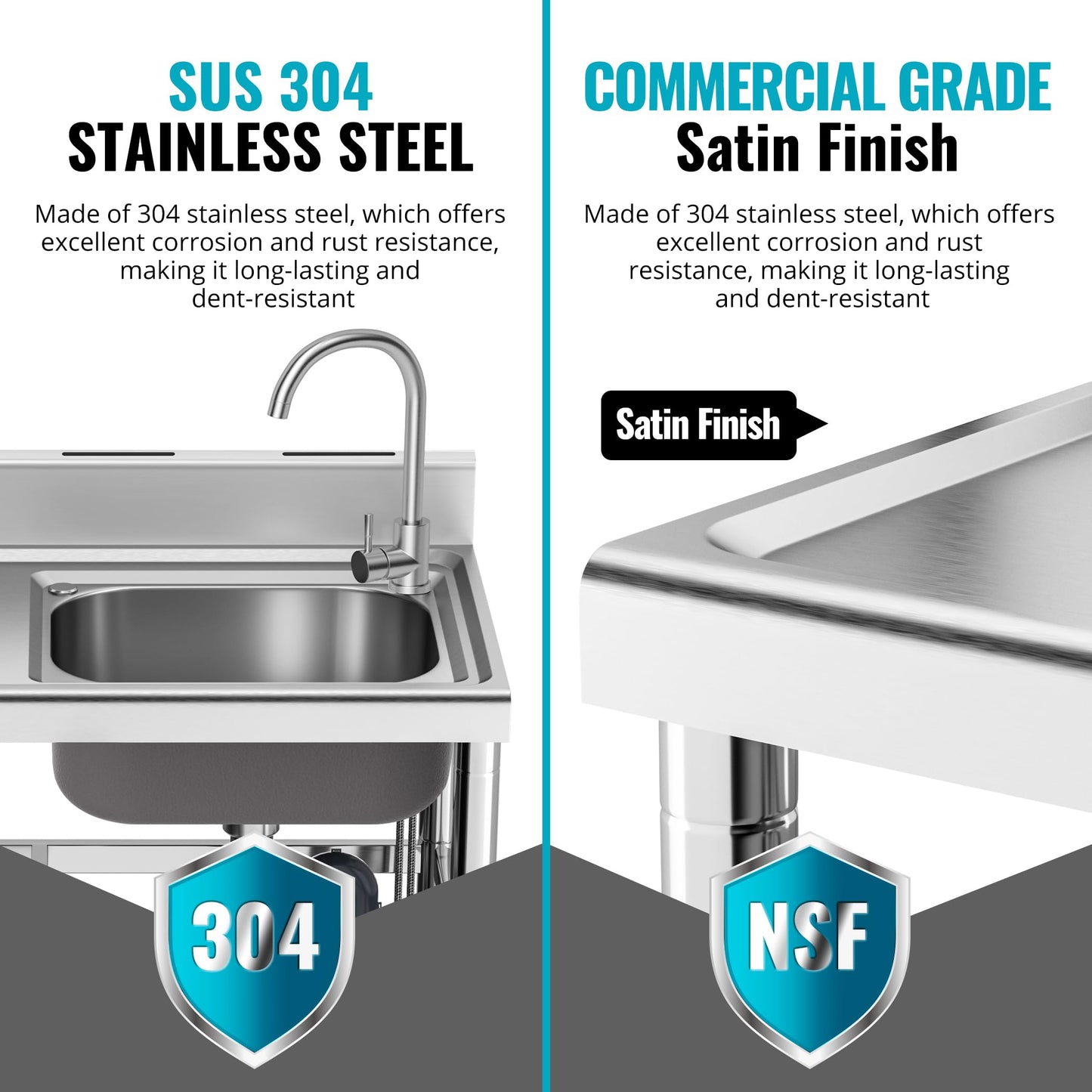 304 Stainless Steel Freestanding Utility Sink Set - 39.5" Single Bowl with Faucet, Drainboard & Adjustable Feet for Outdoor, Garden, Garage, and Commercial Use