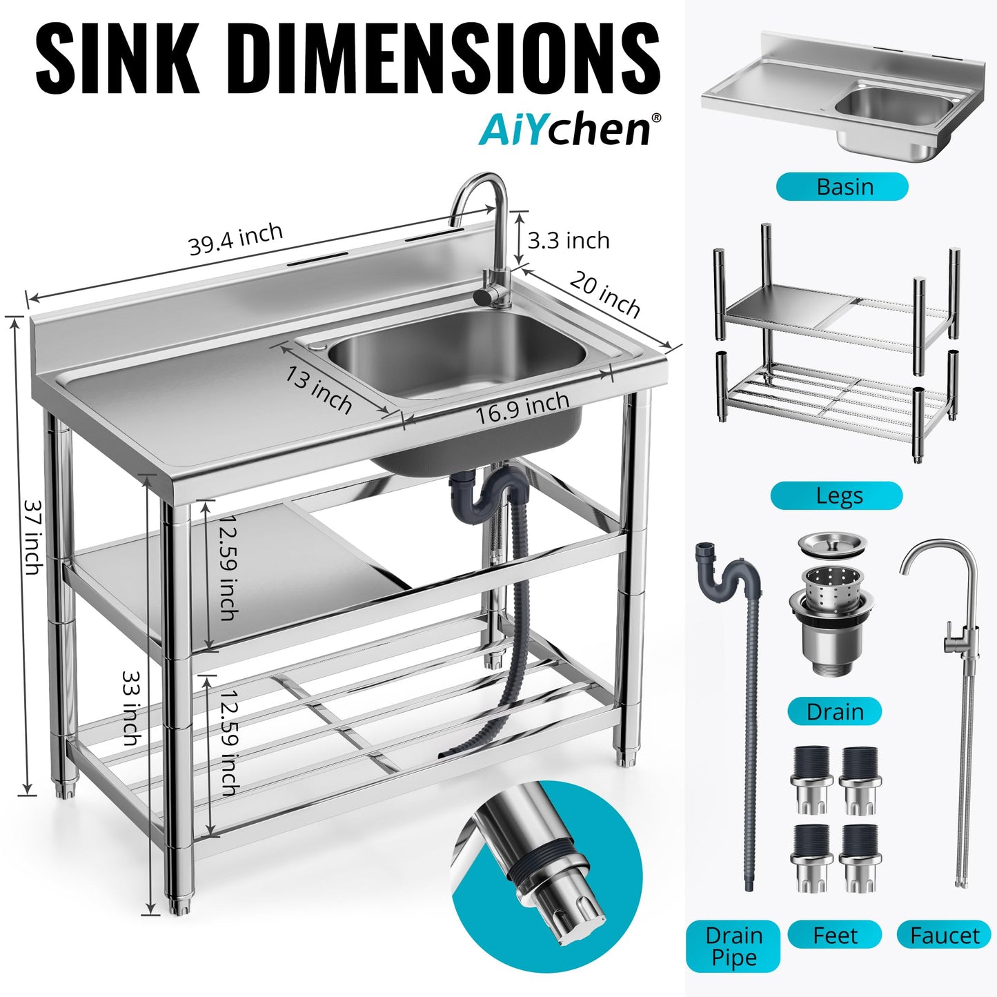 304 Stainless Steel Freestanding Utility Sink Set - 39.5" Single Bowl with Faucet, Drainboard & Adjustable Feet for Outdoor, Garden, Garage, and Commercial Use