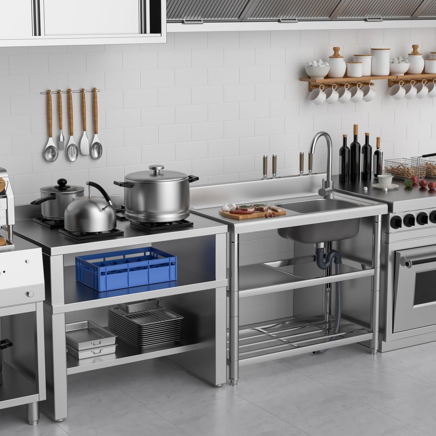 304 Stainless Steel Freestanding Utility Sink Set - 39.5" Single Bowl with Faucet, Drainboard & Adjustable Feet for Outdoor, Garden, Garage, and Commercial Use
