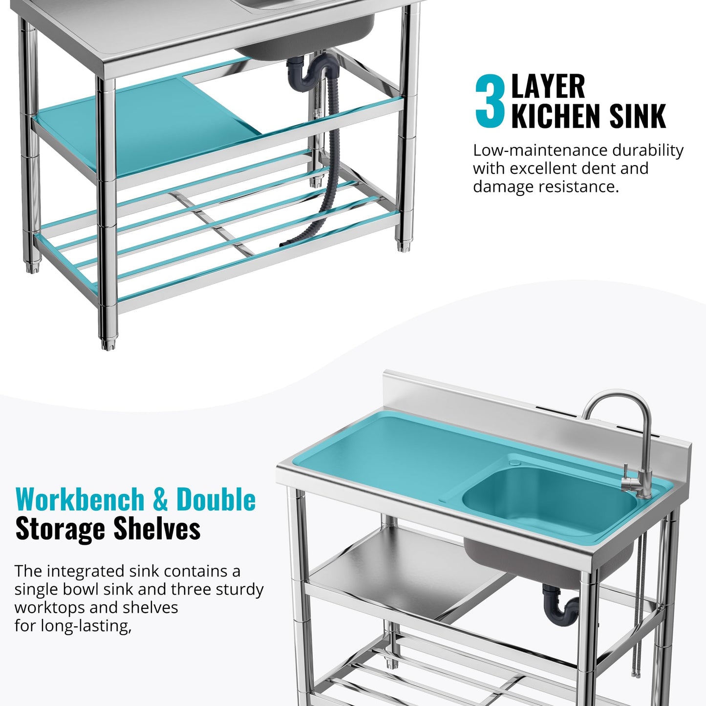 304 Stainless Steel Freestanding Utility Sink Set - 39.5" Single Bowl with Faucet, Drainboard & Adjustable Feet for Outdoor, Garden, Garage, and Commercial Use