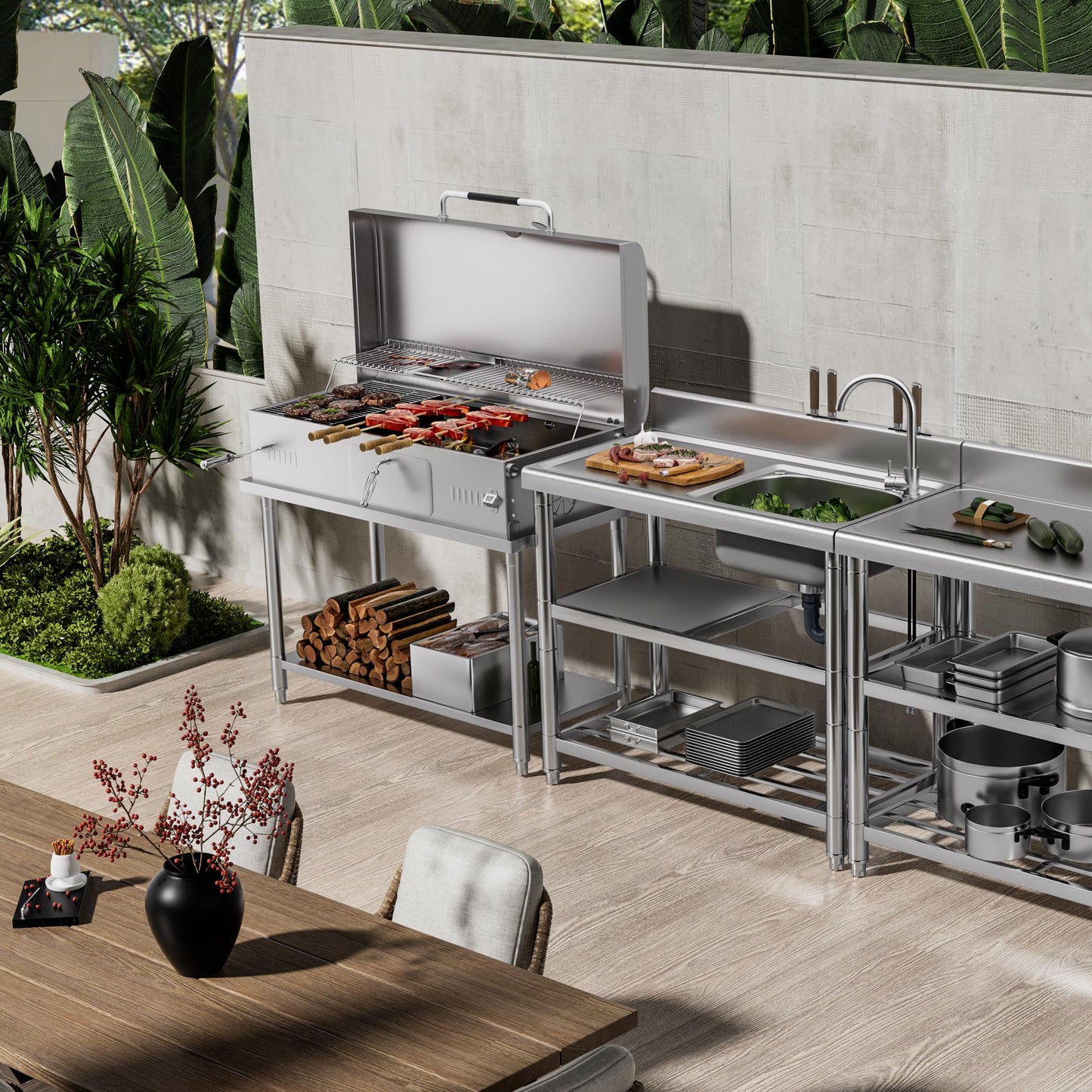 304 Stainless Steel Freestanding Utility Sink Set - 39.5" Single Bowl with Faucet, Drainboard & Adjustable Feet for Outdoor, Garden, Garage, and Commercial Use