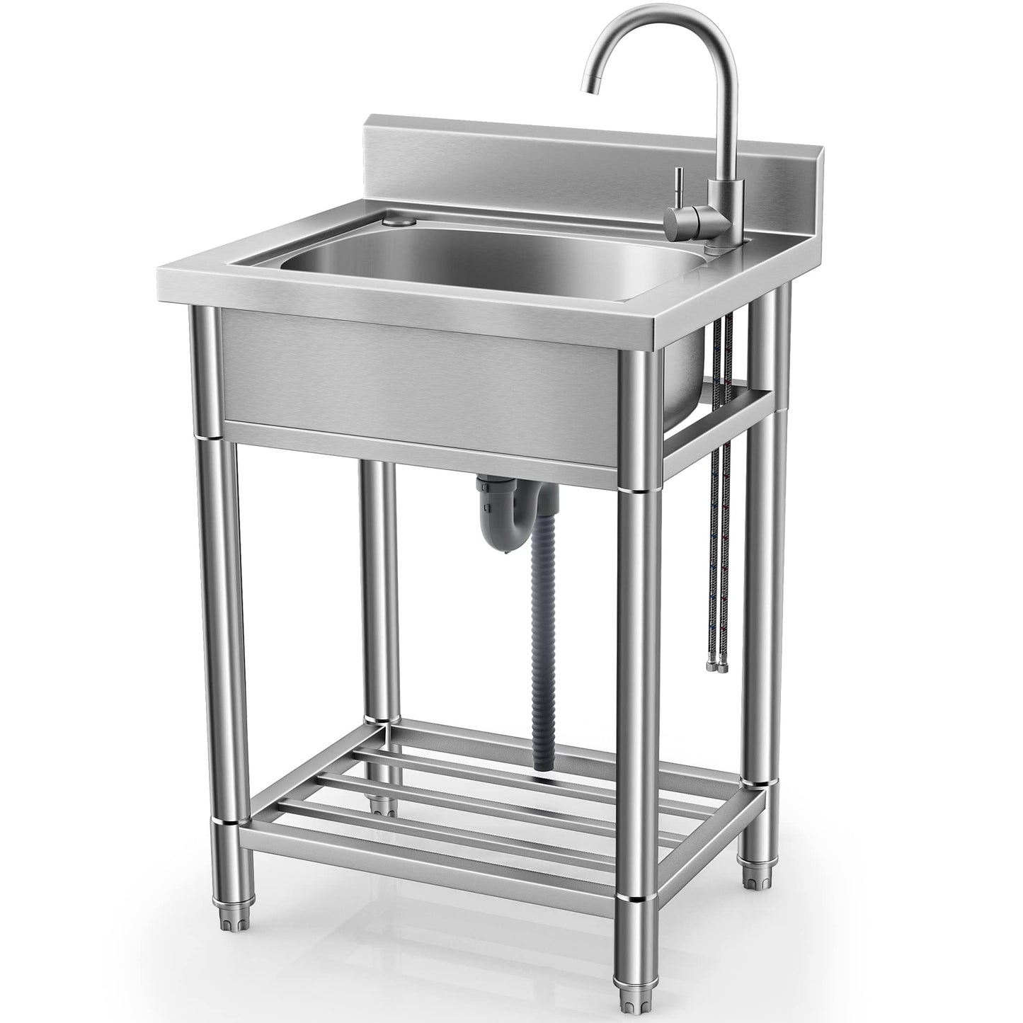 Utility Sink - Stainless Steel Free-Standing Single-Bowl Sink with Hot and Cold Water Pipes for Laundry, Bathroom, and Farmhouse