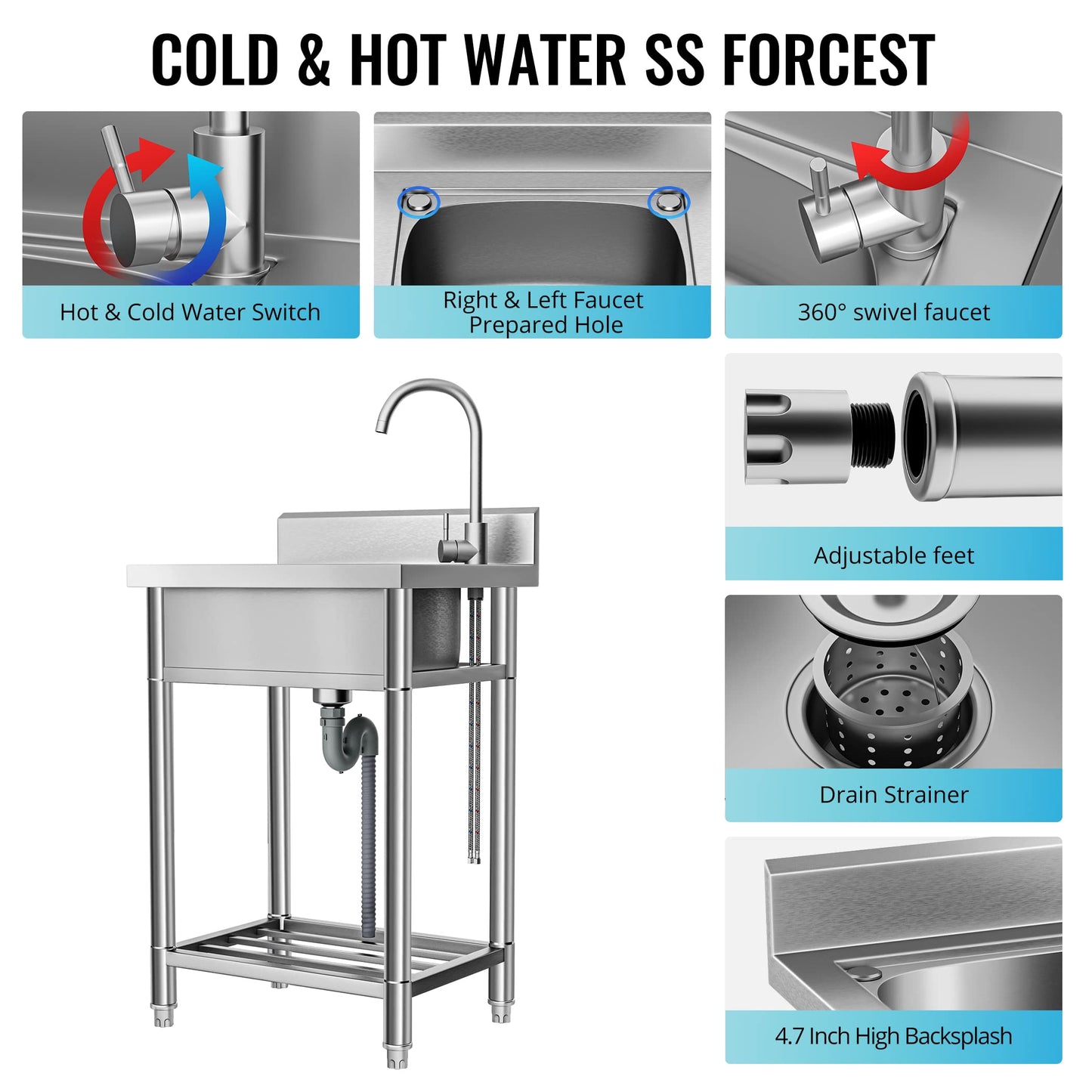 Utility Sink - Stainless Steel Free-Standing Single-Bowl Sink with Hot and Cold Water Pipes for Laundry, Bathroom, and Farmhouse