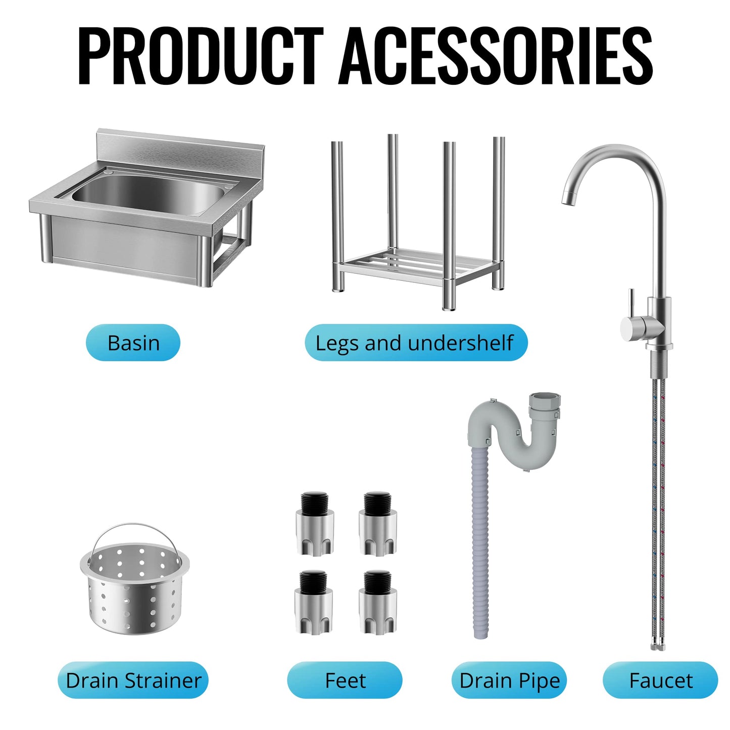 Utility Sink - Stainless Steel Free-Standing Single-Bowl Sink with Hot and Cold Water Pipes for Laundry, Bathroom, and Farmhouse