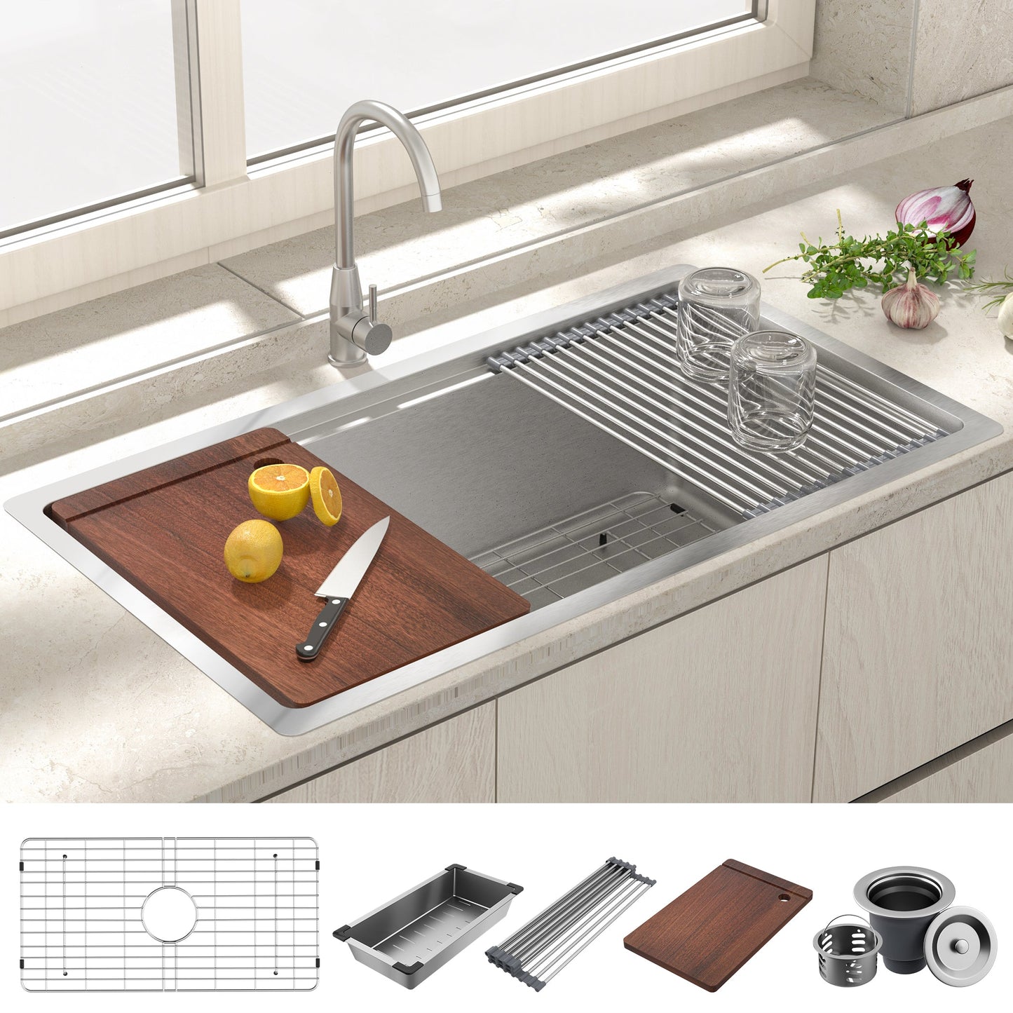 32-Inch Undermount Single Bowl Kitchen Sink - 304 SUS Stainless Steel - 16-Gauge - Farmhouse Sink with Accessories