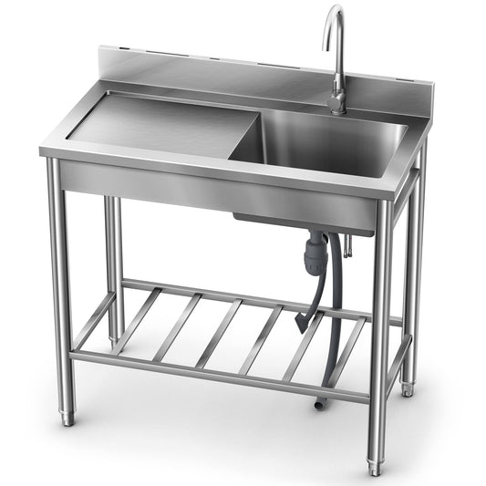 Stainless Steel Utility Sink - 304 SUS, Free Standing Single Bowl with Large Work Station, Faucet, and Drainboard (39 Inch)