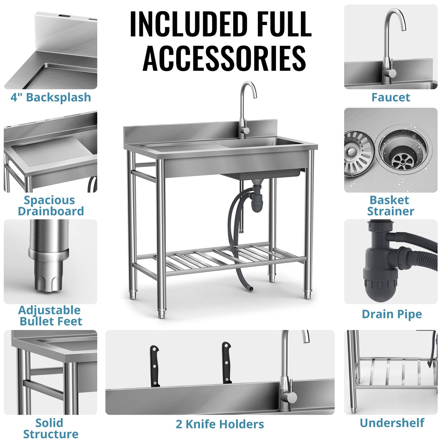 Stainless Steel Utility Sink - 304 SUS, Free Standing Single Bowl with Large Work Station, Faucet, and Drainboard (39 Inch)
