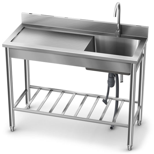 304 SUS Stainless Steel Utility Sink - 47-Inch Free Standing Single Bowl Sink with Cold & Hot Water Faucet and Undershelf