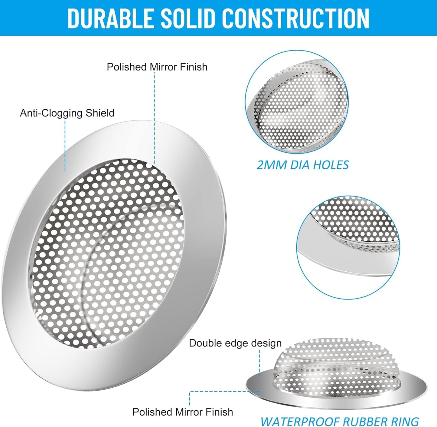 Stainless Steel Utility Sink Strainer - 4.5 inch Standard Single Bowl Free Standing Kitchen Sink Strainer for Farmhouse, Bathroom, Bar, Laundry Room (3 Pack)
