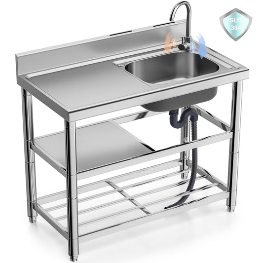 304 Stainless Steel Freestanding Utility Sink Set - 39.5" Single Bowl with Faucet, Drainboard & Adjustable Feet for Outdoor, Garden, Garage, and Commercial Use
